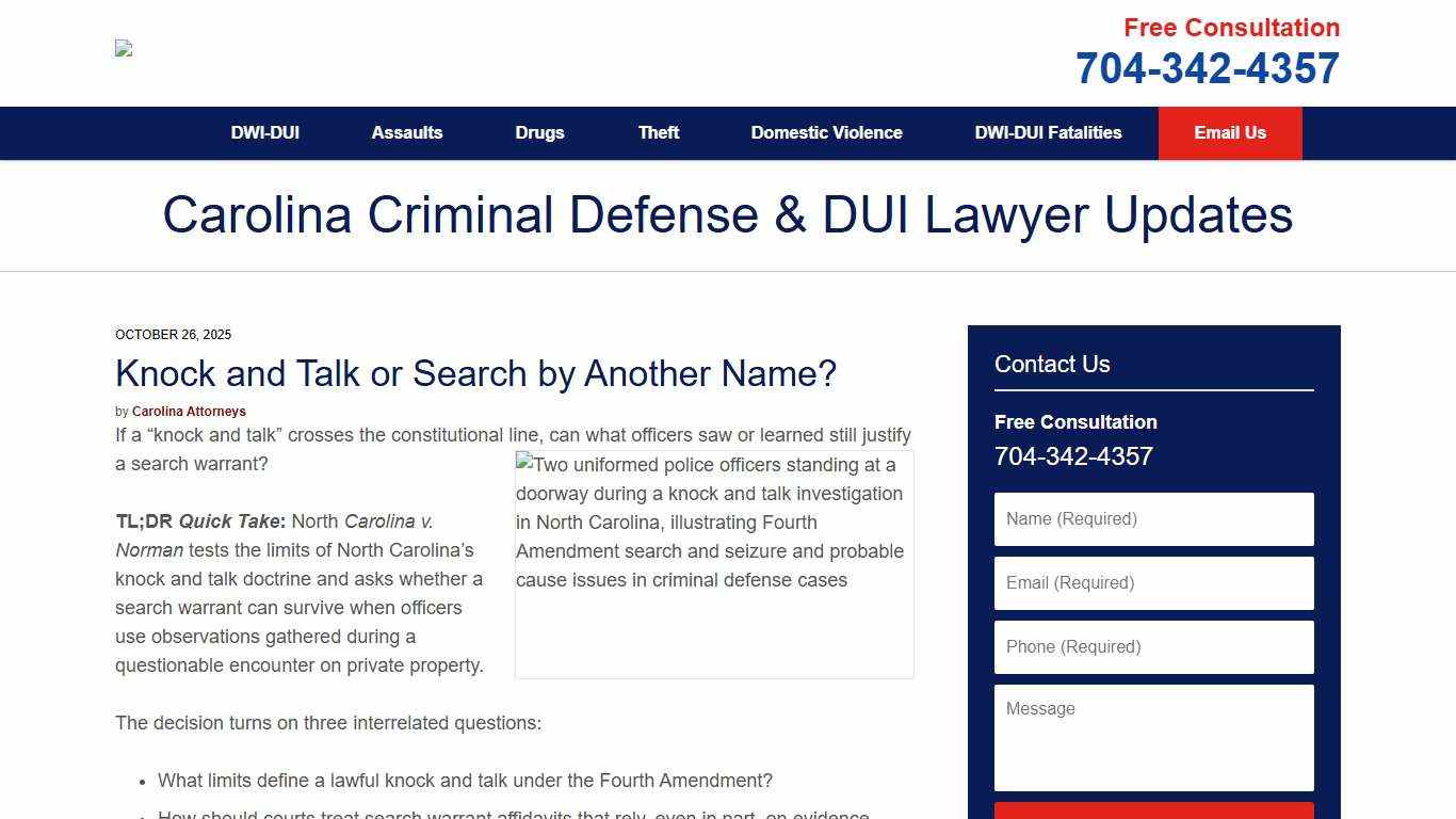 Knock and Talk or Search by Another Name? — Carolina Criminal Defense & DUI Lawyer Updates — October 26, 2025